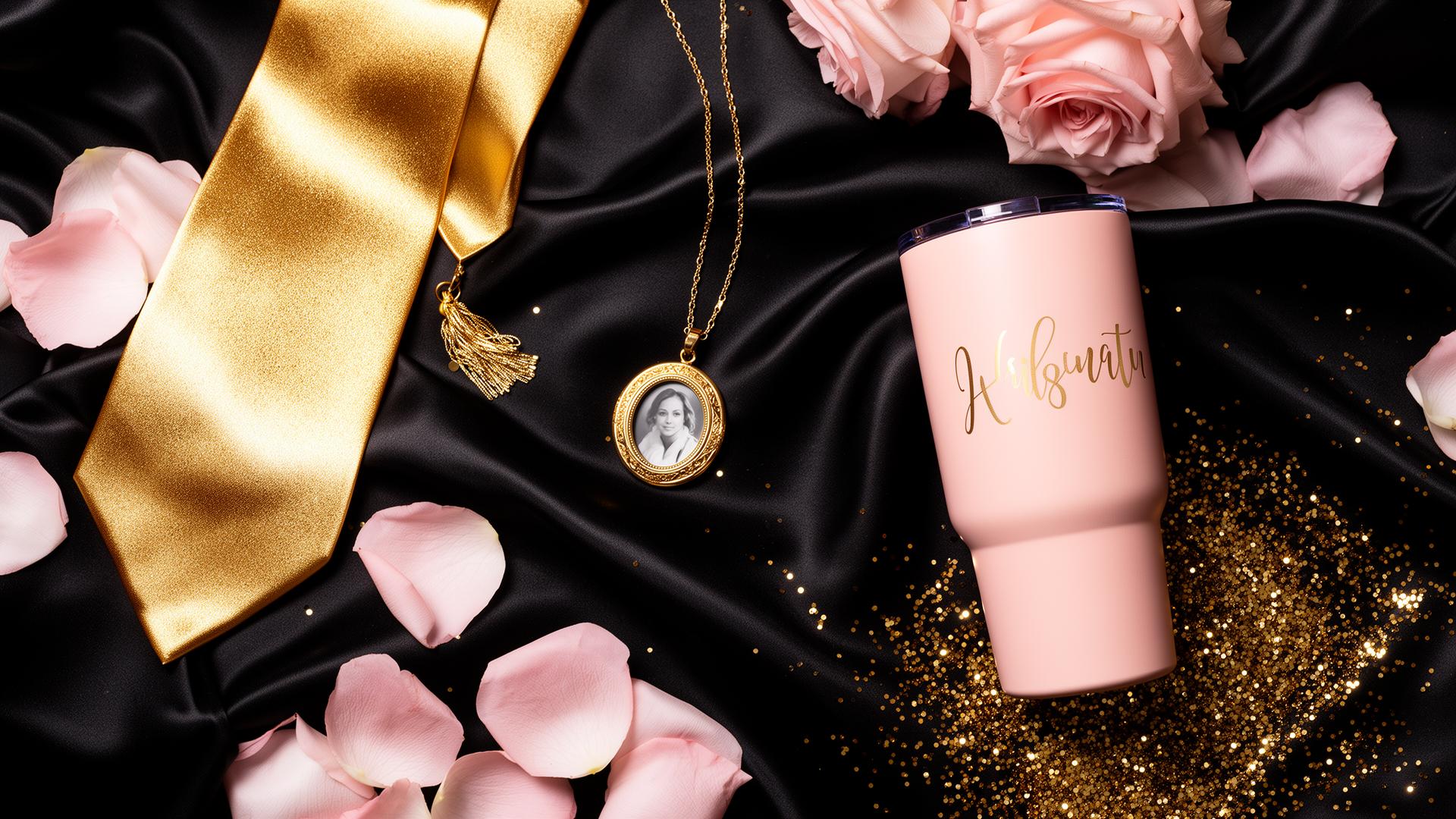 Faith Creations luxury personalized keepsakes — gold stole, photo locket, rose-gold tumbler & blush roses